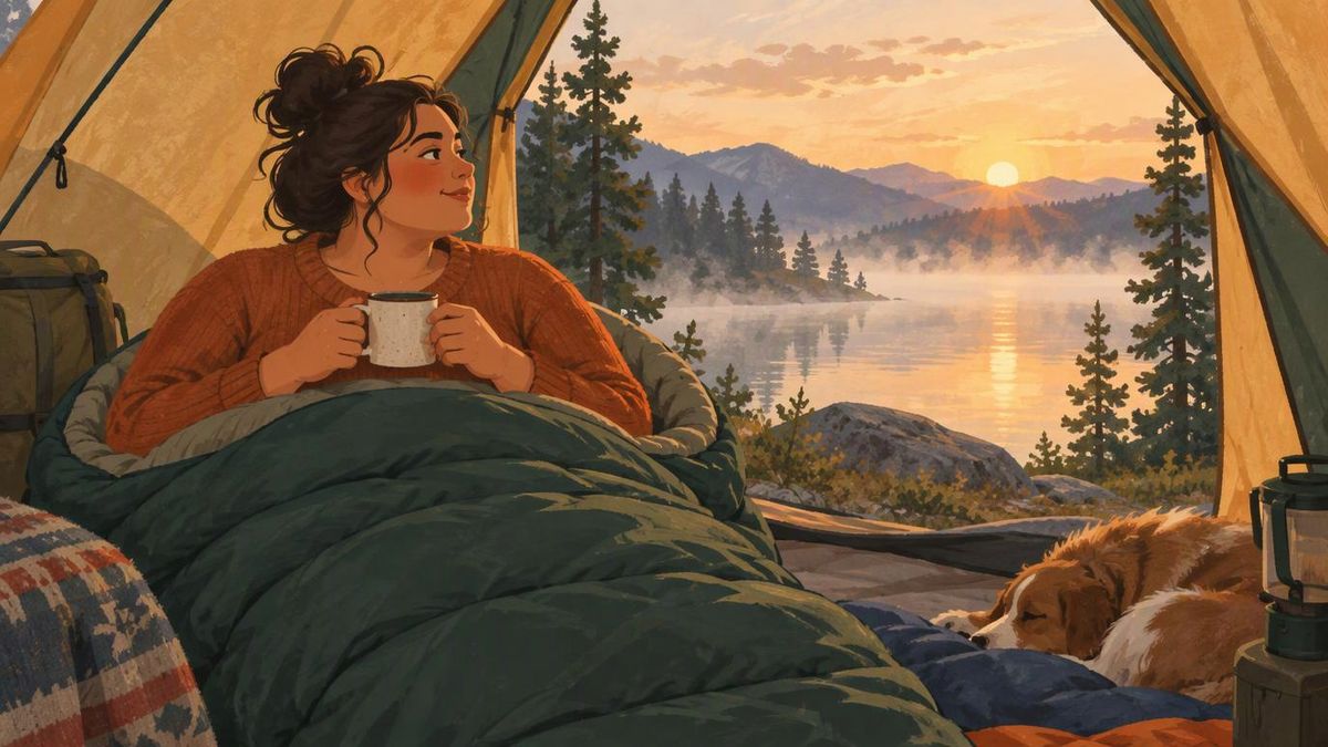 Illustration of a plus-size woman in a roomy sleeping bag at a tent door at dawn