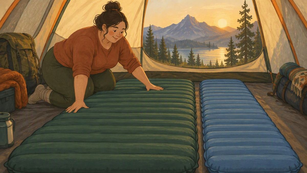 Illustration of a wide sleeping pad beside a narrow one inside a tent